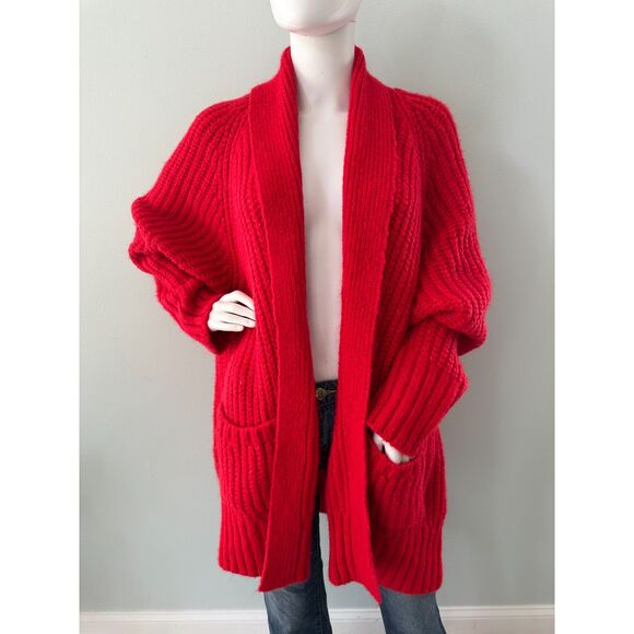 Zara Red Chunky Knit Oversized Cardigan Open Sweater size Large - Picture 1 of 7